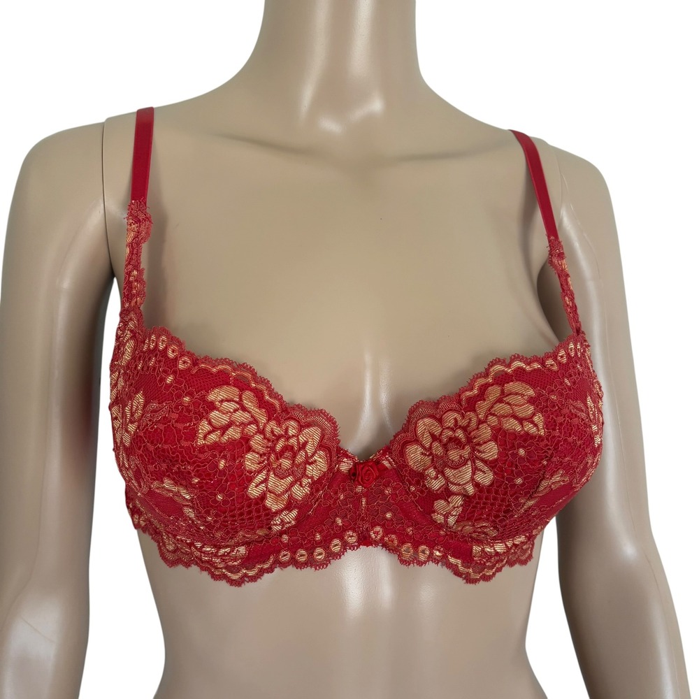 Victoria's Secret Vintage 90's Red Gold Floral Lace Underwire Bra 34A Deadstock
